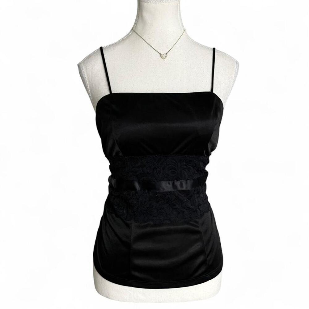 Black satin cami top lace center detail Early 2000s LA Scala USA Y2K size large